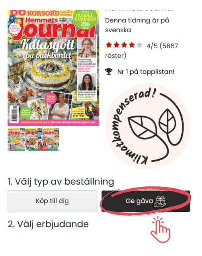 skärmdump som visar hur det går till att ge bort tidningsprenumeration hos Tidningskungen