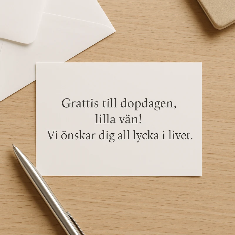 ett kort med lyckönskning till dopet - "Grattis till dopdagen, lilla vän! Vi önskar dig all lycka i livet"
